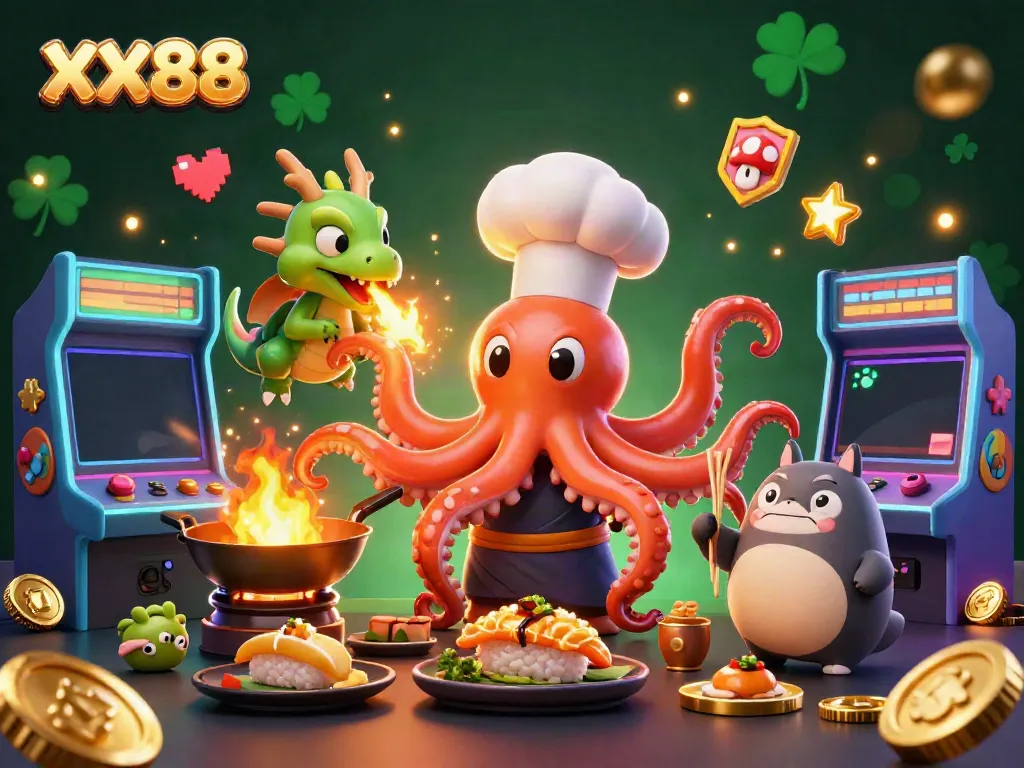Engage with XX88's vibrant casino experience featuring a unique octopus chef and dragon companion.