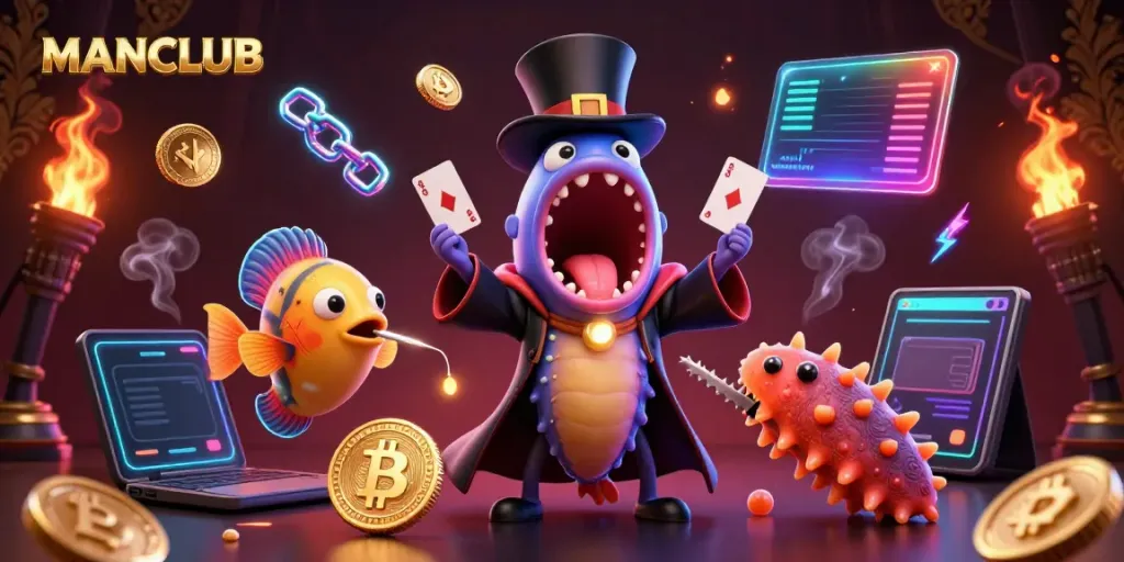 Experience thrilling card tricks at MANCLUB with fantastical sea creatures performing magic in a vibrant casino atmosphere.