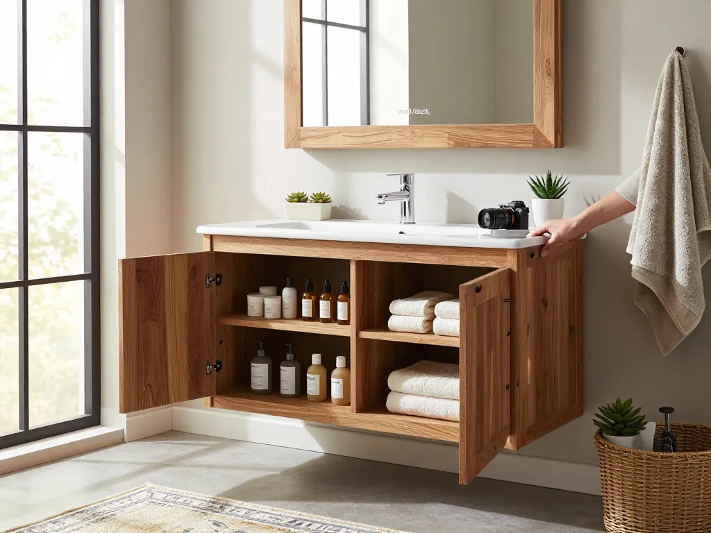 Stijlvolle houten badkamerkast van Van Heck Badkamers, met elegante opbergoplossingen.