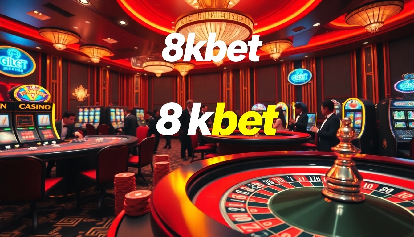 Experience the excitement of 8kbet through a luxurious casino setting with vibrant games and professional dealers.