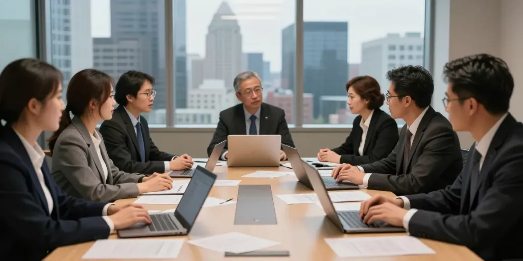 Legal team discussing strategies at https://f168.law/ in a modern office environment.