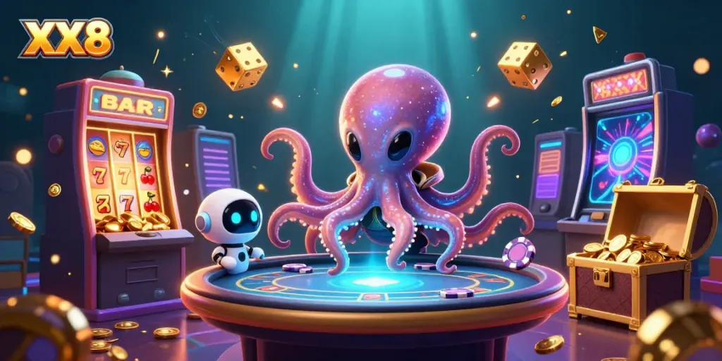 Engaging scene of XX8 with an alien octopus at a holographic poker table amidst vibrant casino elements.