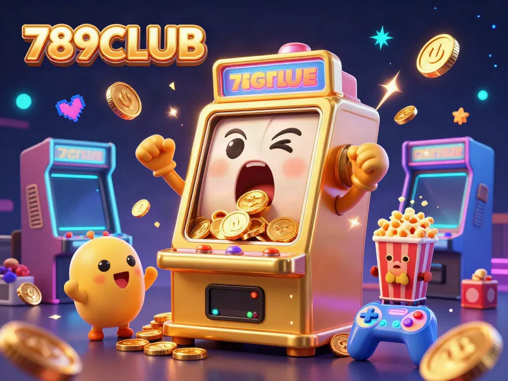 Experience the excitement of 789CLUB as a golden slot machine hits a jackpot with cheering companions.