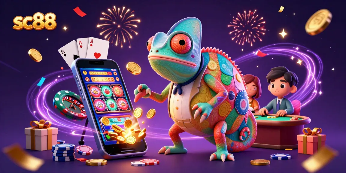 Experience thrilling action at sc88 with a vibrant casino scene featuring a colorful chameleon and engaging game elements.