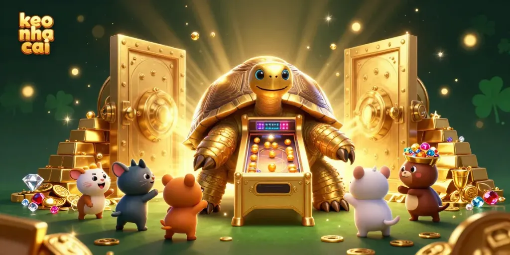 Engaging scene of keo nha cai with a colossal golden tortoise pinball machine, surrounded by treasure and excitement.
