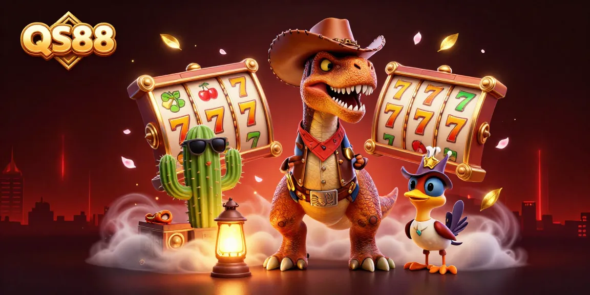 Experience thrilling gameplay at QS88 with slot reels, vibrant 7s, and festive decorations.
