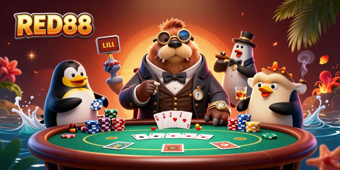 Experience thrilling poker action with RED88's colorful characters and vibrant casino elements.