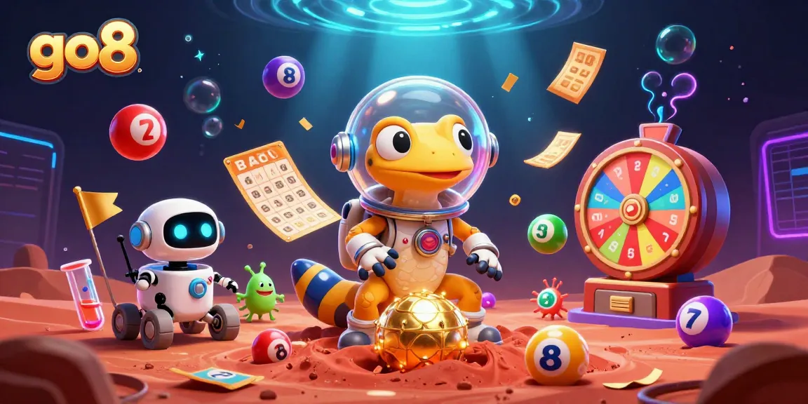 Go8 captures thrilling moments as a Martian gecko uncovers a golden casino amidst vibrant lottery elements.