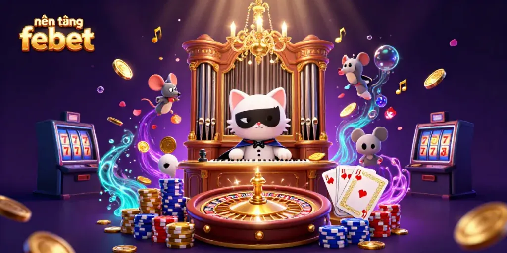 Experience thrilling gaming action in this vibrant 3D illustration representing nền tảng febet, featuring an enchanting casino atmosphere.