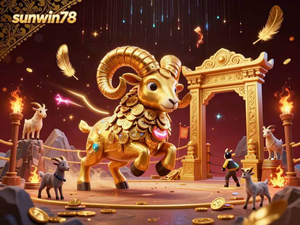 Experience vibrant gameplay with sunwin78 as players engage with a massive golden ram charging through a gaming arena.