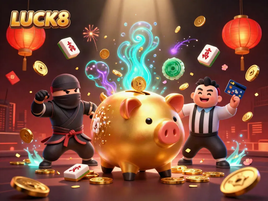 LUCK8 showcases a dynamic 3D casino scene with characters battling in a vibrant, festive atmosphere.