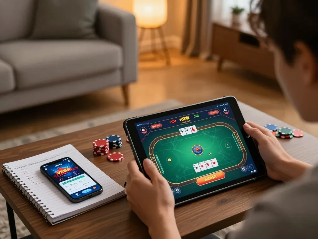 Engaging in vb88 đăng ký on a tablet during a cozy home gaming session with strategic notes.