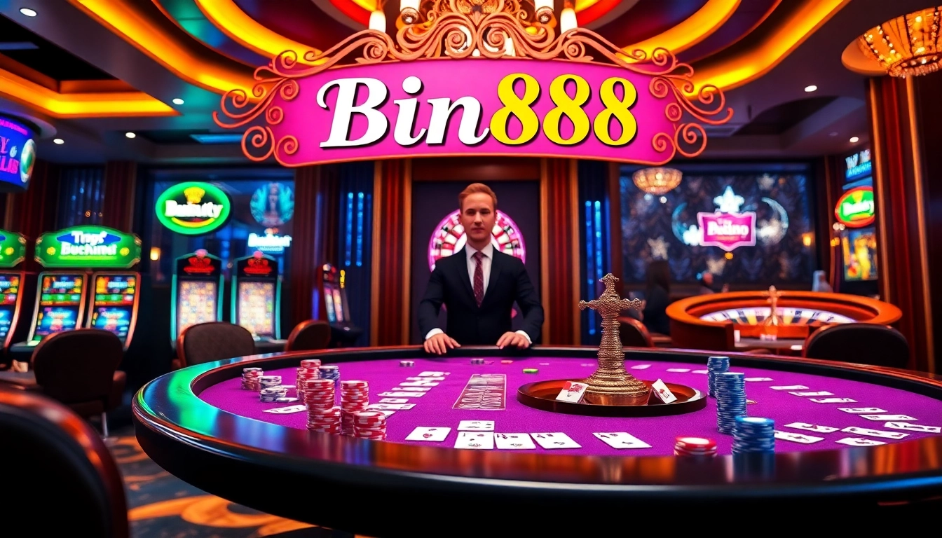 Engage with Bin88 at a vibrant casino featuring a thrilling gaming table and roulette wheel.