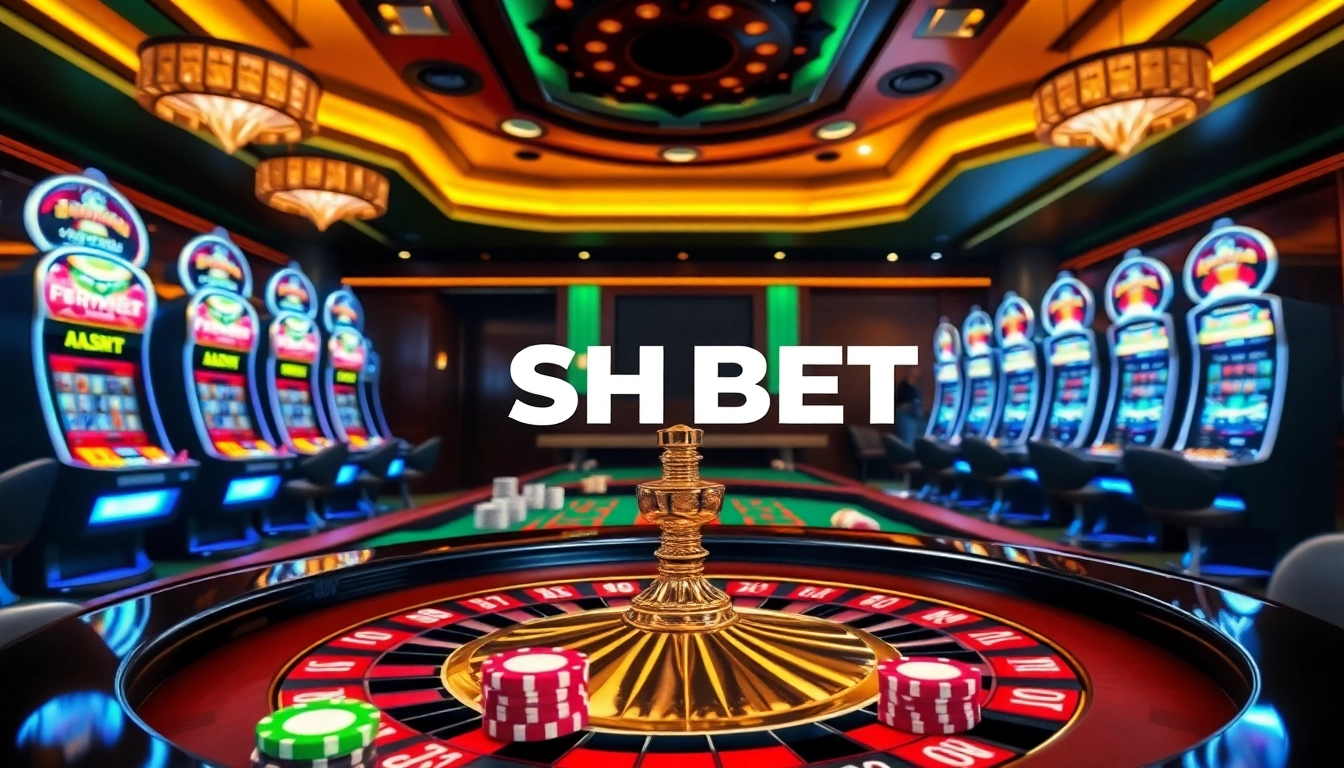 Exciting SHBET casino scene with roulette table, poker chips, and vibrant slot machines.
