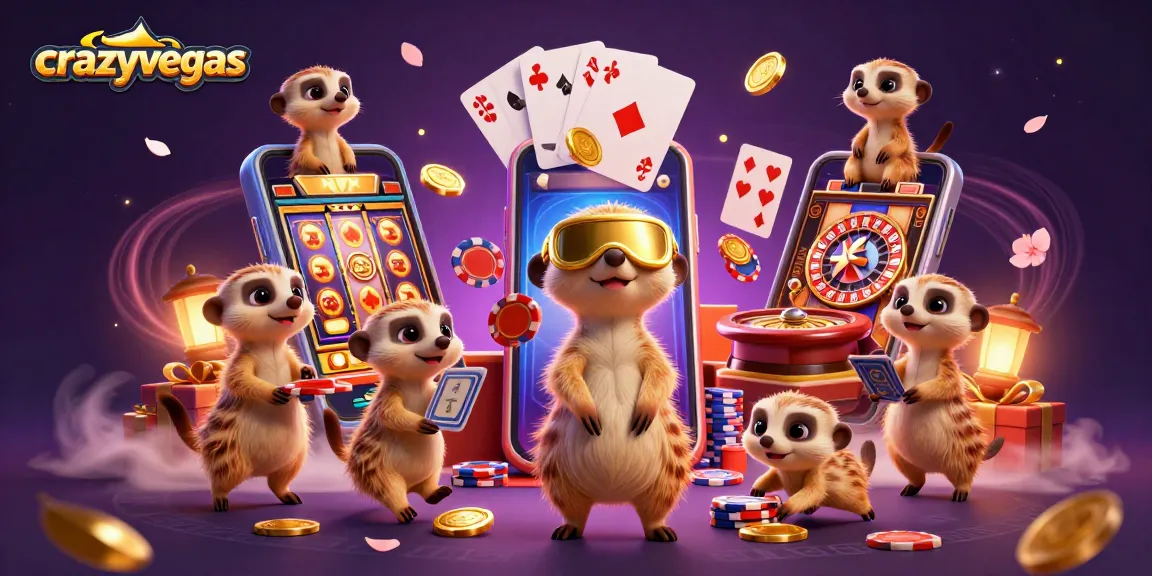 Experience the excitement of casino games at crazyvegas with meerkats in a colorful pokies scene.
