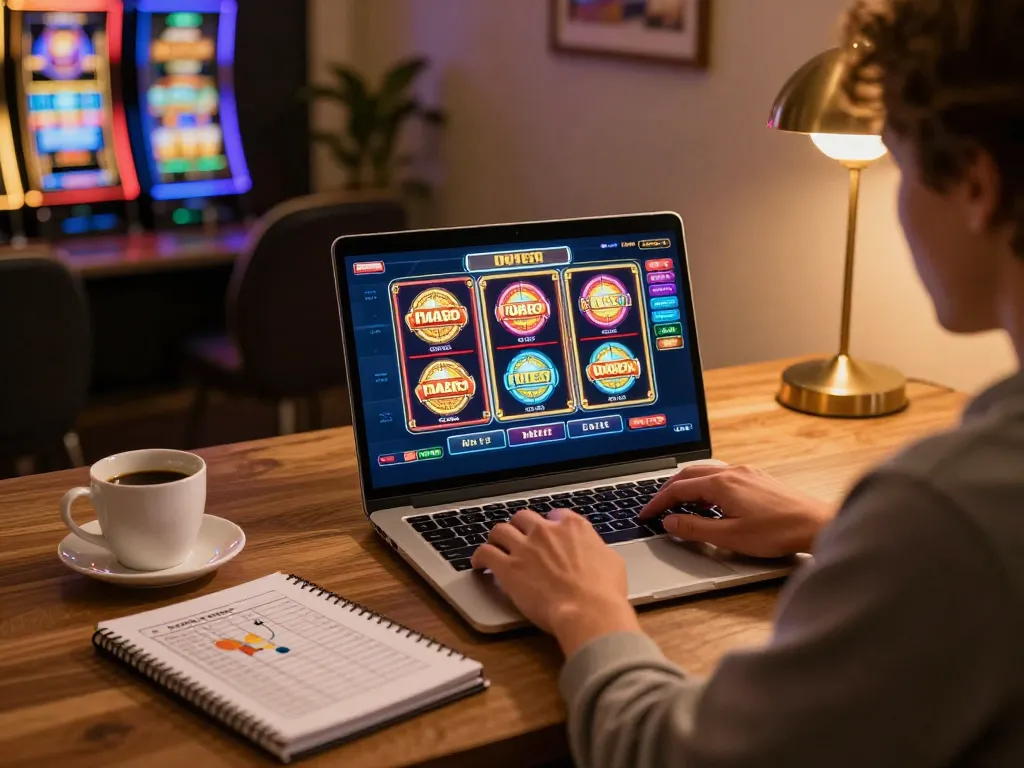 Engaging in strategic online gaming at debet with a vibrant slot machine display on a laptop, showcasing a cozy home atmosphere.