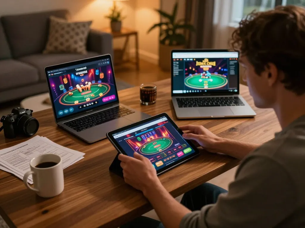 Player engaging with CM88 casino app on tablet at home, showcasing strategic gameplay environment