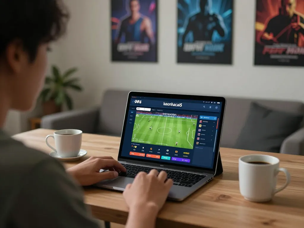 Person actively engaging with keonhacai5 sports betting platform, showcasing live odds in a cozy home office.