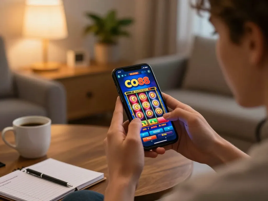Player enjoying a CO88 mobile gaming experience with colorful slot visuals, enhancing strategic online betting.