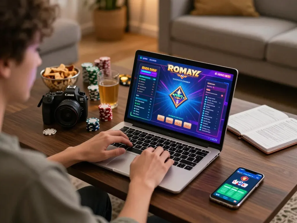 Engaged player using keonhacai22 for online poker in a cozy home environment with strategic notes around.