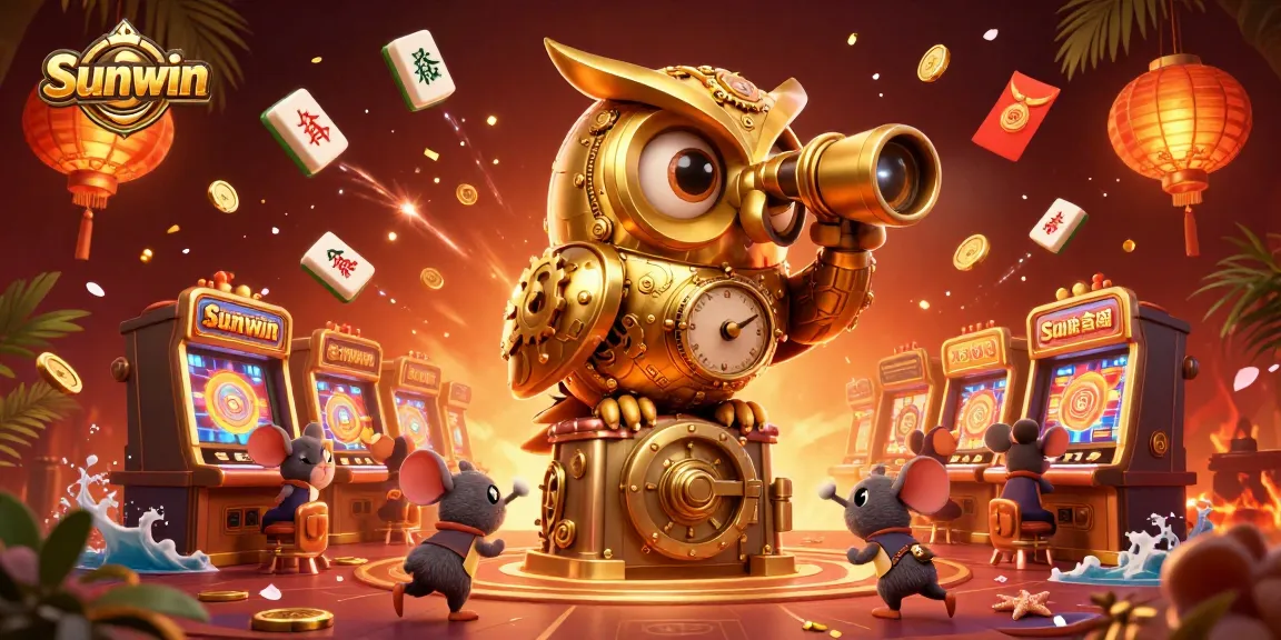 Win big at Sunwin, featuring a golden owl and vibrant casino atmosphere.