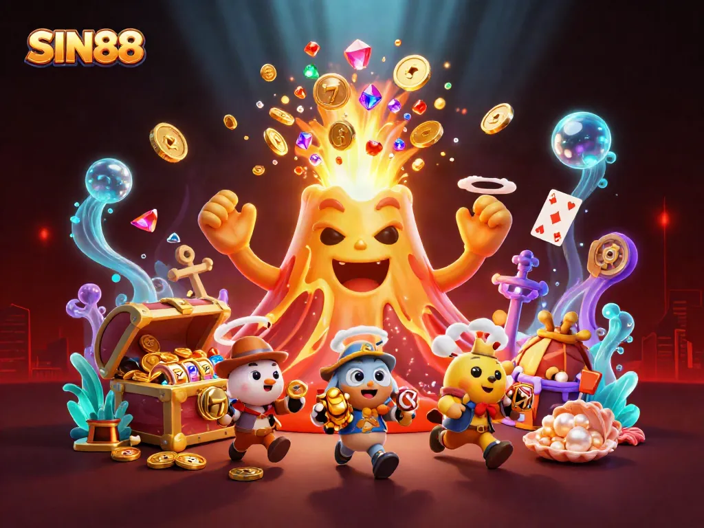 SIN88 captivates with a gold volcano raining treasure, slot reels, and colorful underwater gems.