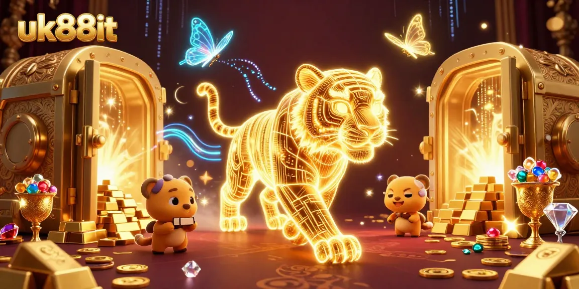Experience excitement at uk88it with a neon-wireframe golden tiger in a vibrant casino