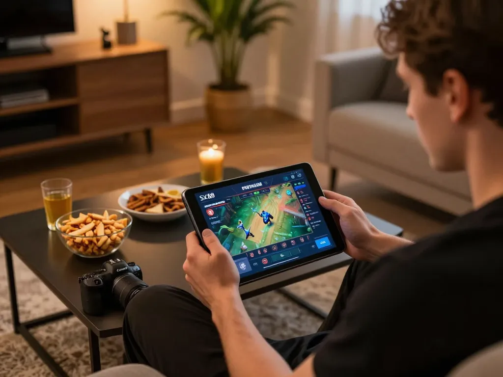 SX88 user strategizing with online casino gameplay on tablet in a cozy home setting