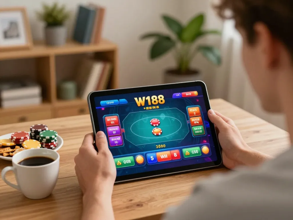 Player enjoying W188 online casino on tablet, showcasing poker strategies and relaxed home setting.