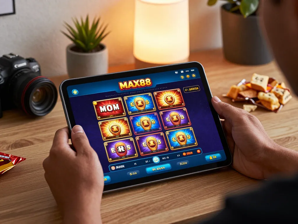 MAX88 online gaming experience showing user engaging with slot games on tablet in a cozy atmosphere