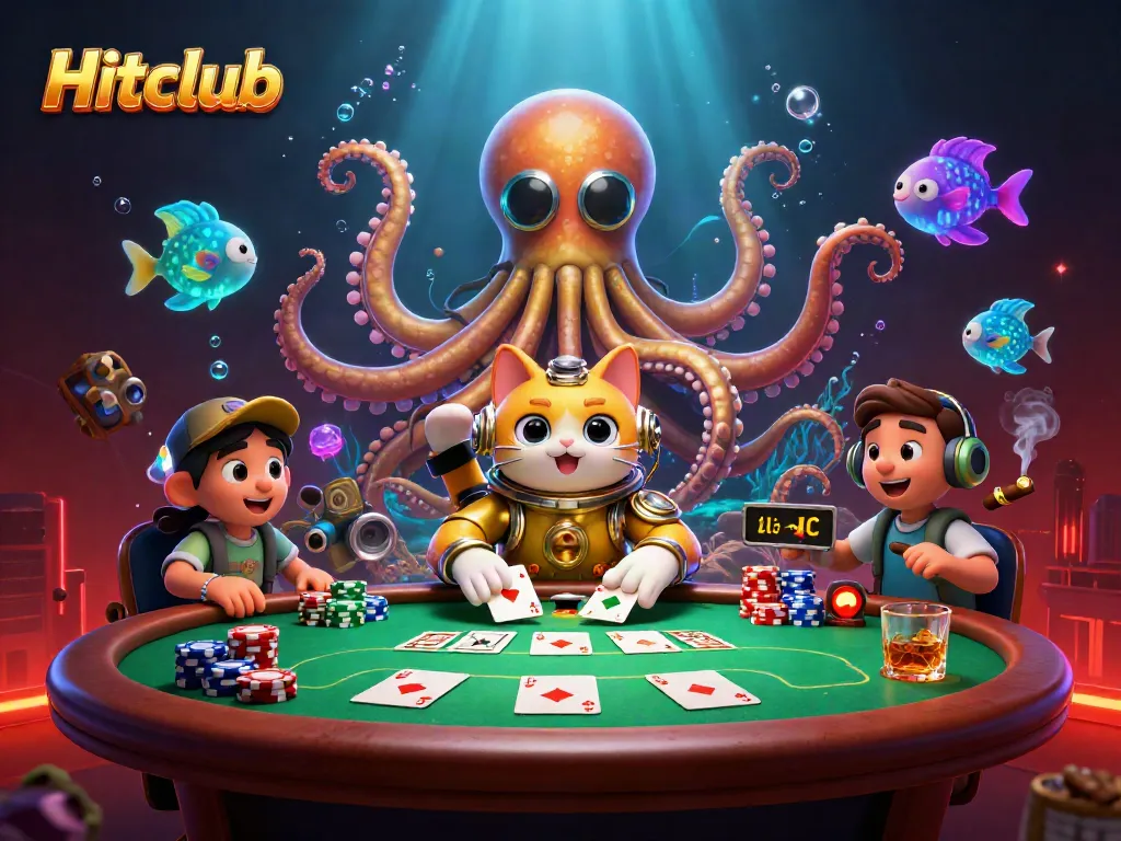 Hitclub gamers enjoy a thrilling poker scene with golden kraken and diving cat amidst lively casino elements.