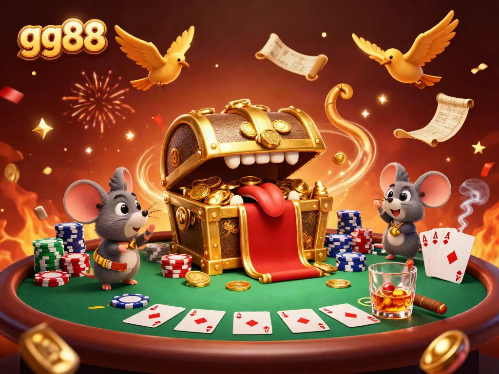 Experience unforgettable wins at gg88 with a vibrant casino scene featuring poker elements and golden treasures.