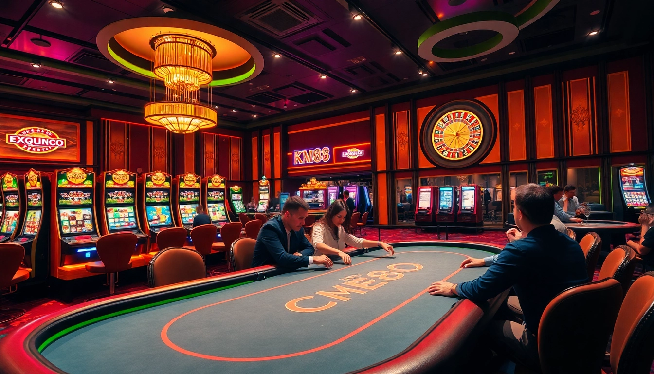 Experience the excitement of KM88 at a luxurious casino with poker players, slot machines, and a roulette wheel.