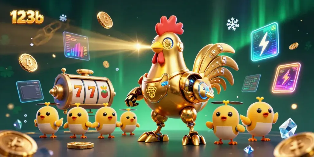 Engage with 123b in a vibrant casino scene featuring a golden robot rooster and chic drones among slot reels and crypto coins.
