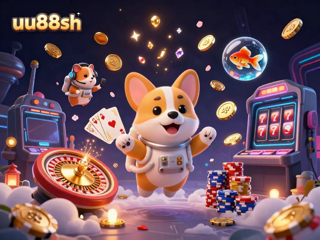 Experience gaming excitement with uu88sh as a corgi astronaut navigates a vibrant casino scene.