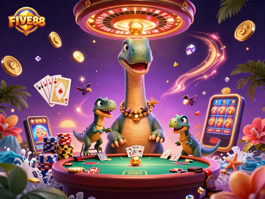 Join the excitement with FIVE88 as a towering brontosaurus watches a raptor deal cards at a vibrant casino.