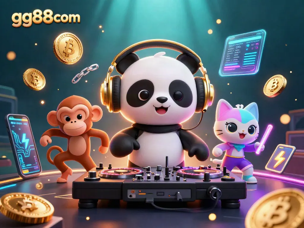 Join the party with gg88com's vibrant 3D cartoon scene showcasing a DJ panda, a dancing monkey, and a glow-stick kitten.