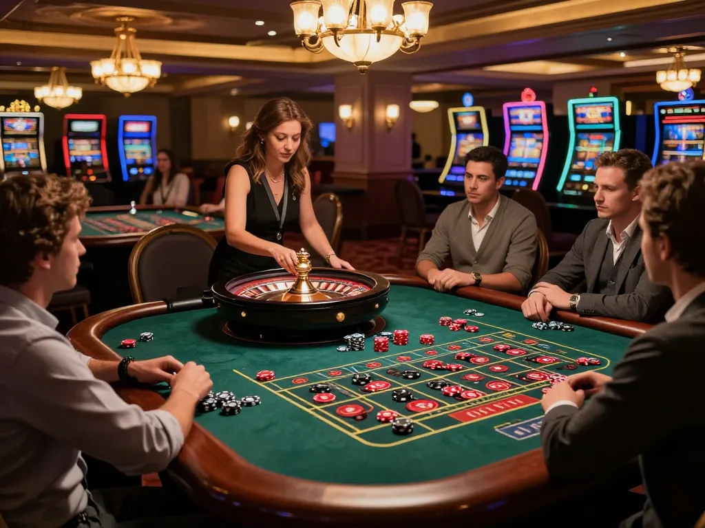 Playing strategic roulette at LLwin casino, vibrant atmosphere with croupier and chips.