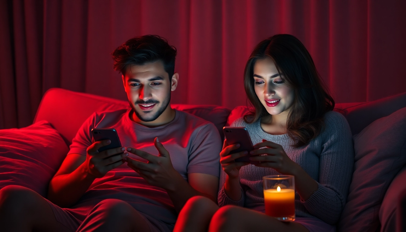 Sexting AI moment captured: playful couple enjoying intimate smartphone conversation.
