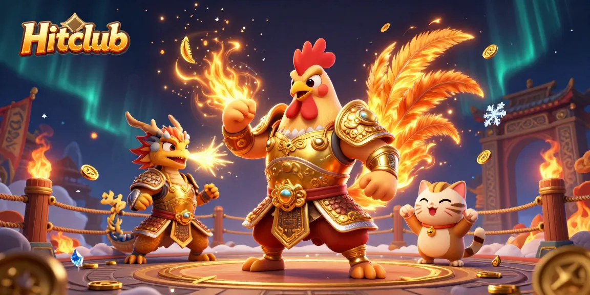 Hitclub showcases thrilling cockfighting action with a rooster warrior and dragon hatchling.