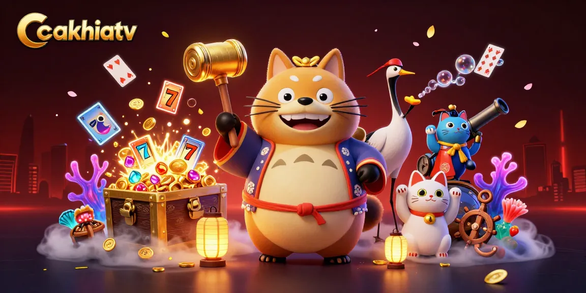 CakhiaTV showcases an exciting gambling scene featuring playful tanuki, crane, and fortune cats surrounded by slot reels and gems.