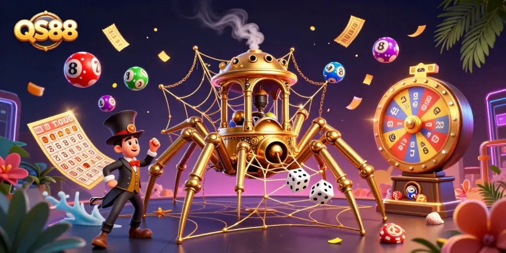 Experience the thrill of QS88 with exciting games and dynamic visuals featuring a steampunk spider and colorful lottery elements.
