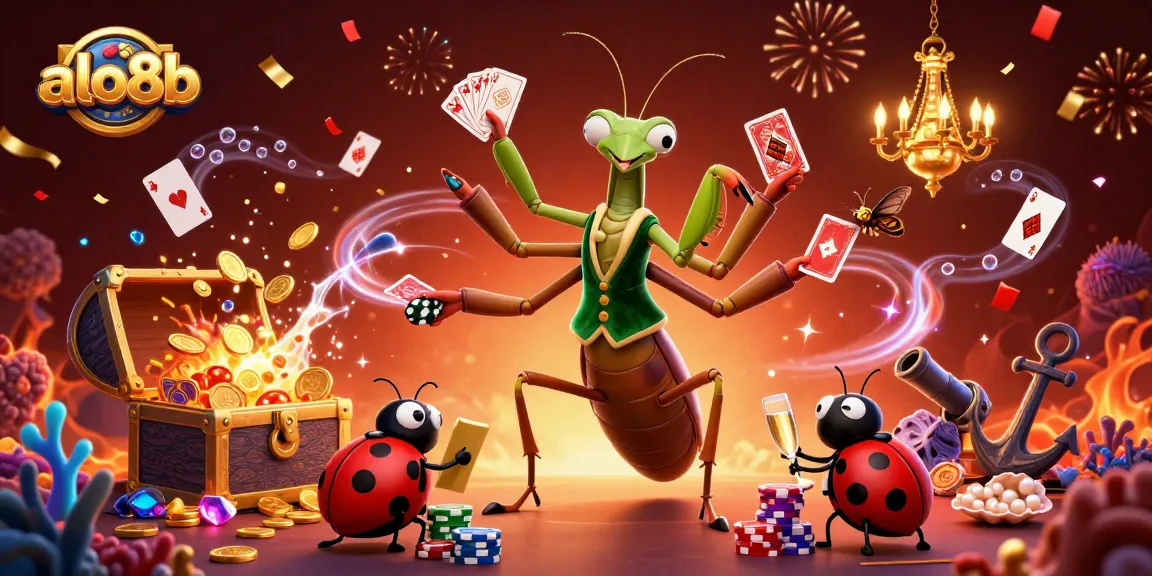 Experience excitement at alo8b with a giant praying mantis card sharp dealing and a ladybug pit boss overseeing the action.