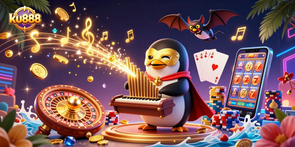 Play exciting games at ku888 with a fantasy cartoon scene featuring a penguin playing an organ that shoots coins.