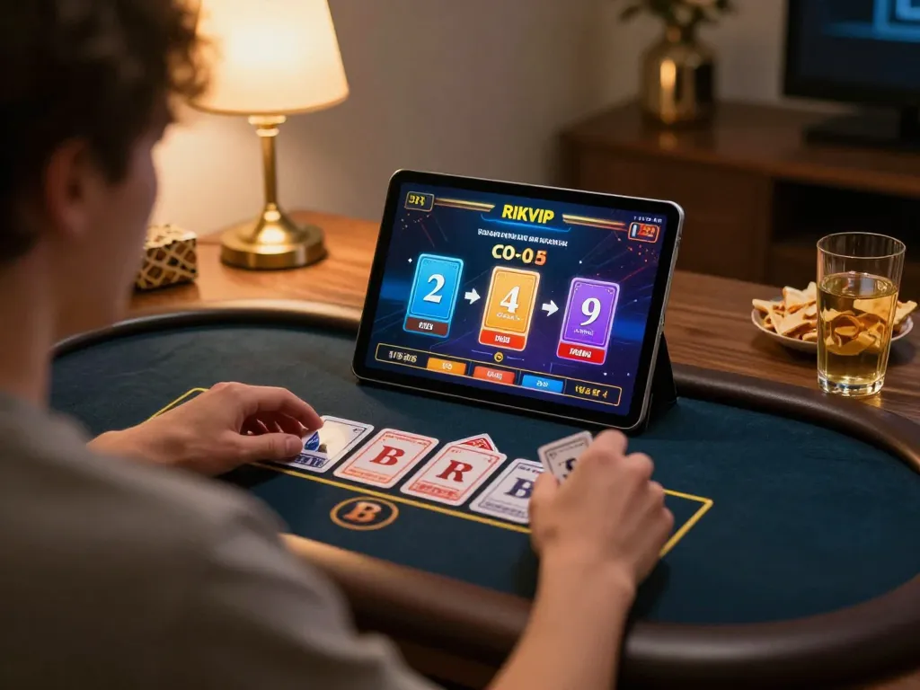 Engaged player enjoying RIKVIP live dealer game at home with strategic focus on screen.