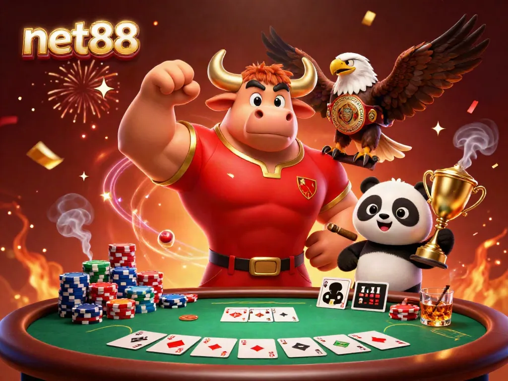 Play and win at net88 with a victorious mascot and dynamic casino elements.