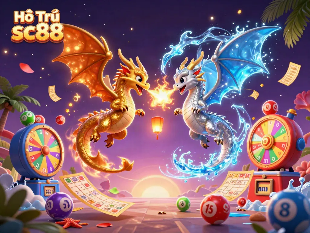 Join the action at Hỗ Trợ sc88 with a vibrant 3D dragon duel amidst dynamic casino elements.