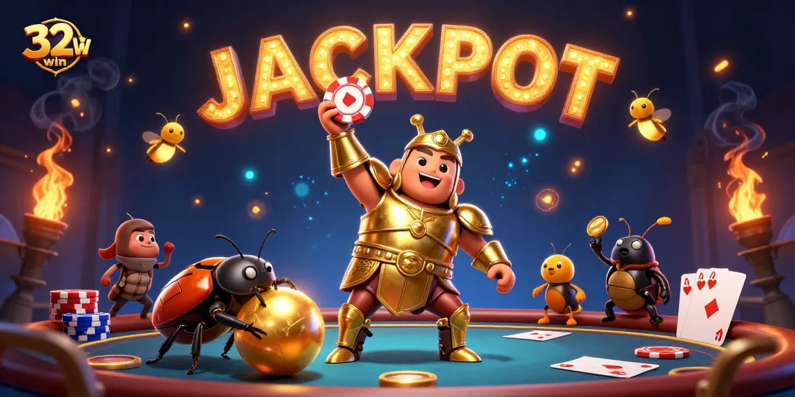Win big with 32win in this vibrant poker-themed 3D illustration showcasing a triumphant beetle.