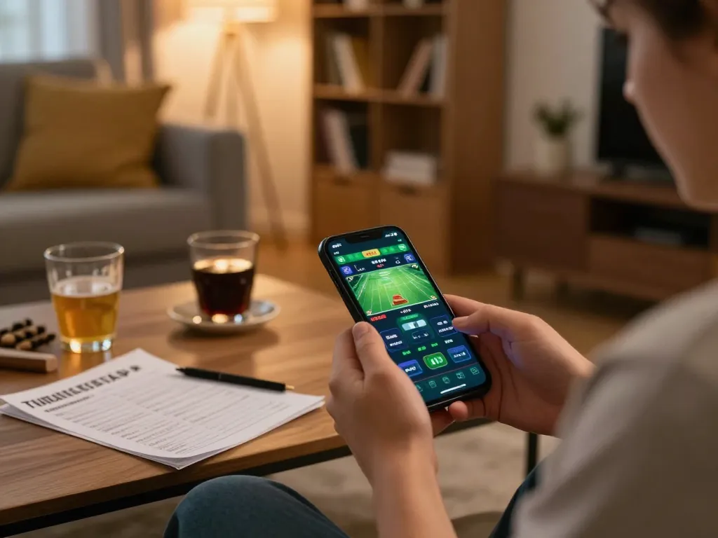 Placing bets on 9BET app in a cozy home environment with strategy notes.