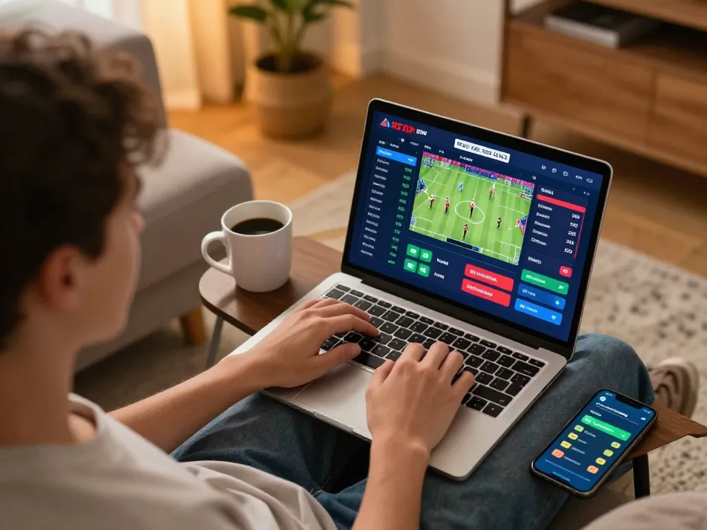 Engaging online sports betting session with ty le keo nha cai displayed on laptop screen, creating a strategic gaming atmosphere